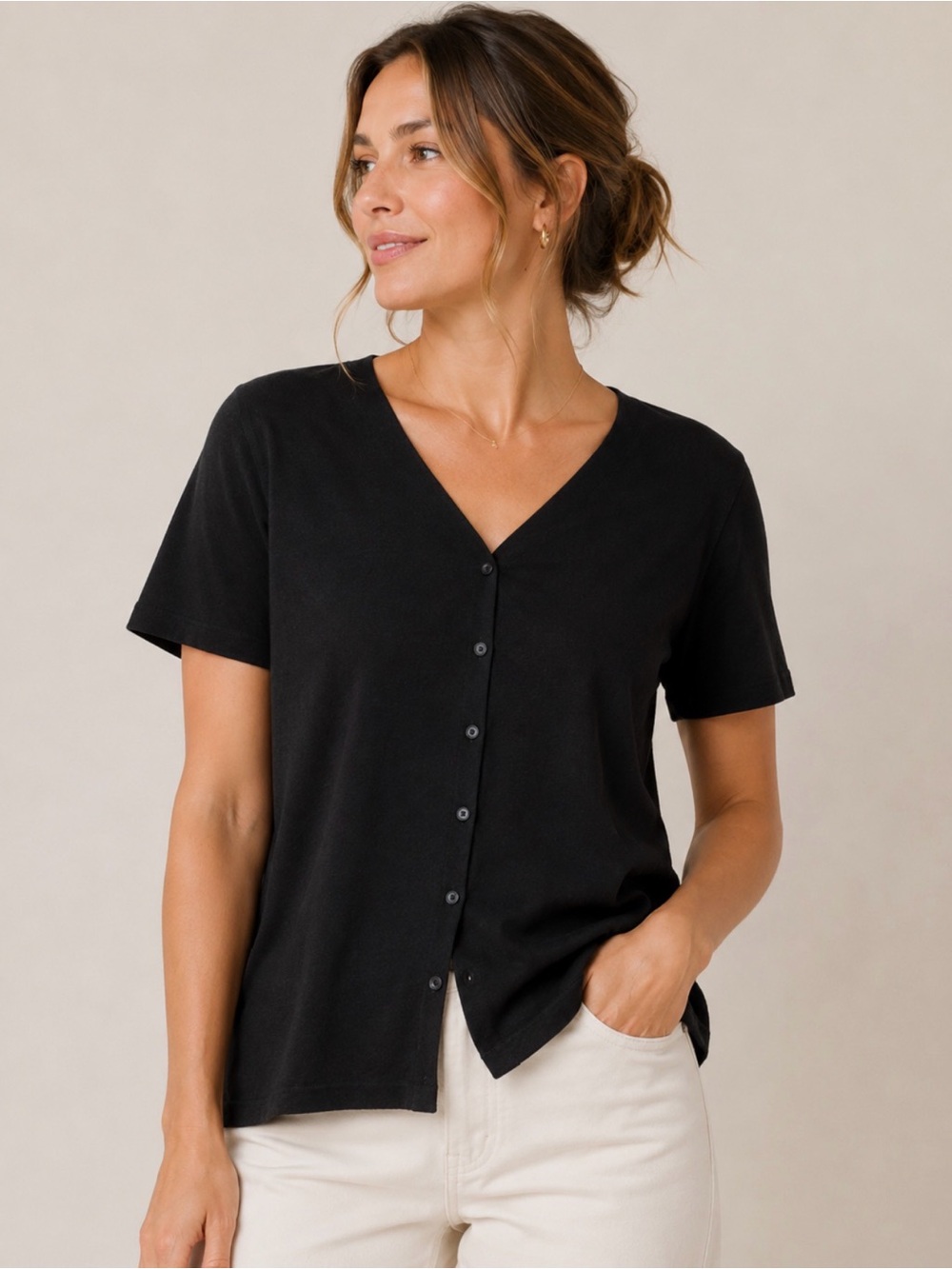 Hampshire Studio Black Cotton Button Front Sweater XL Short Sleeve Knit Top